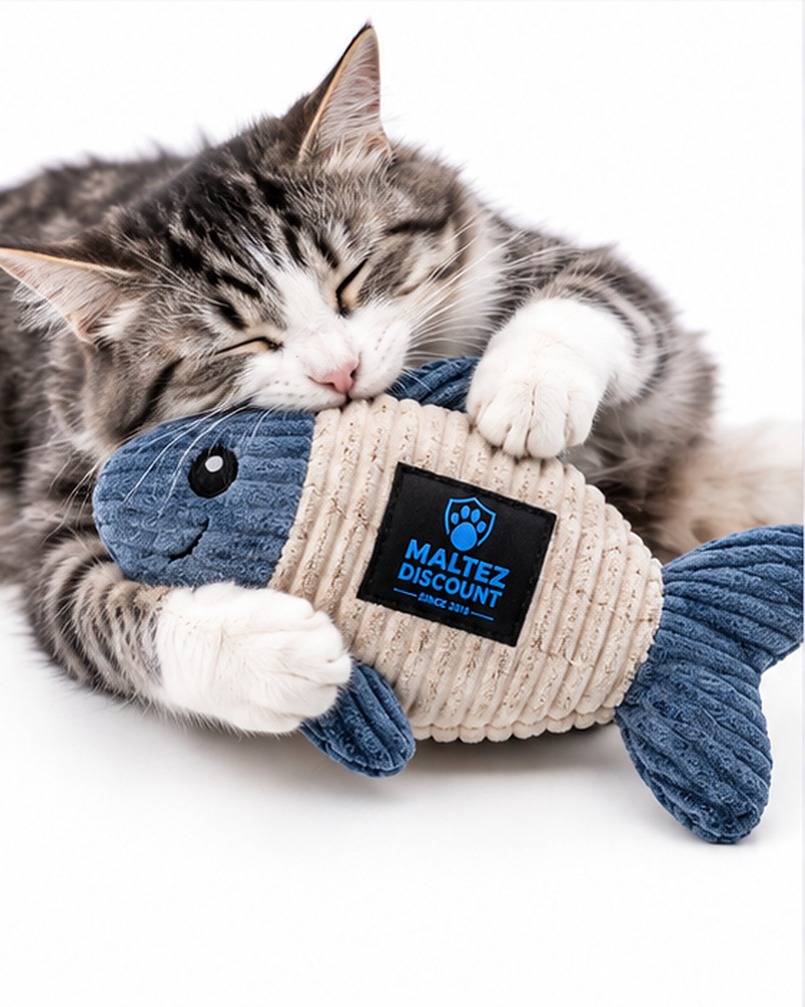 Maltez Discount Plush Fish Cat Toy with Refillable Compartment - Blue and Beige - Image 3