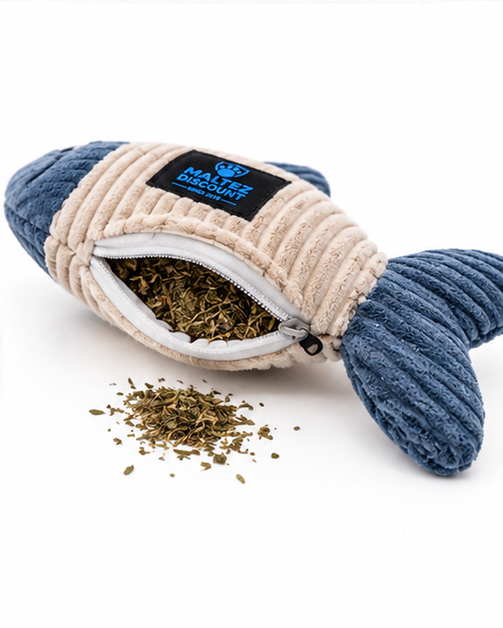 Maltez Discount Plush Fish Cat Toy with Refillable Compartment - Blue and Beige - Image 4