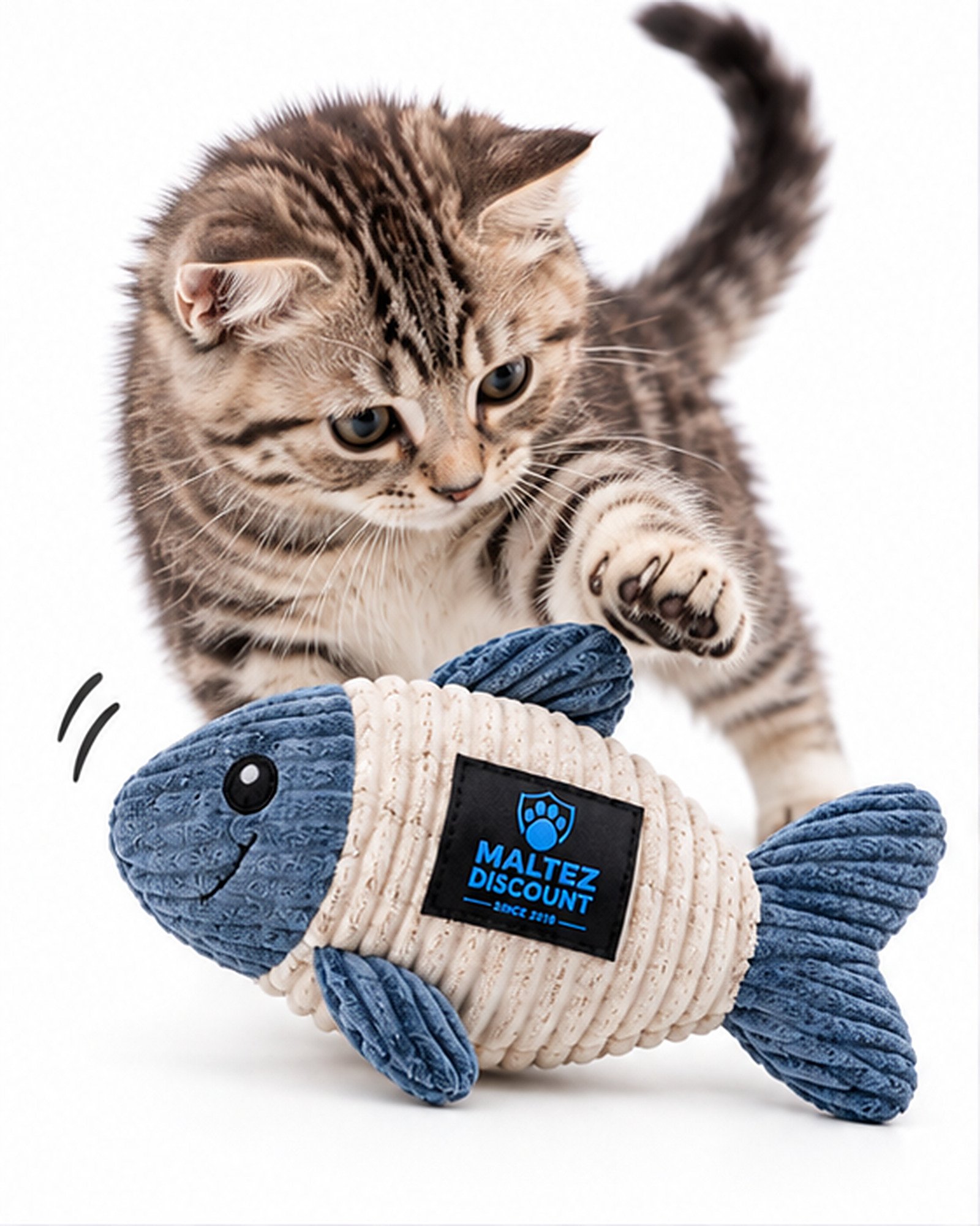 Maltez Discount Plush Fish Cat Toy with Refillable Compartment - Blue and Beige - Image 5