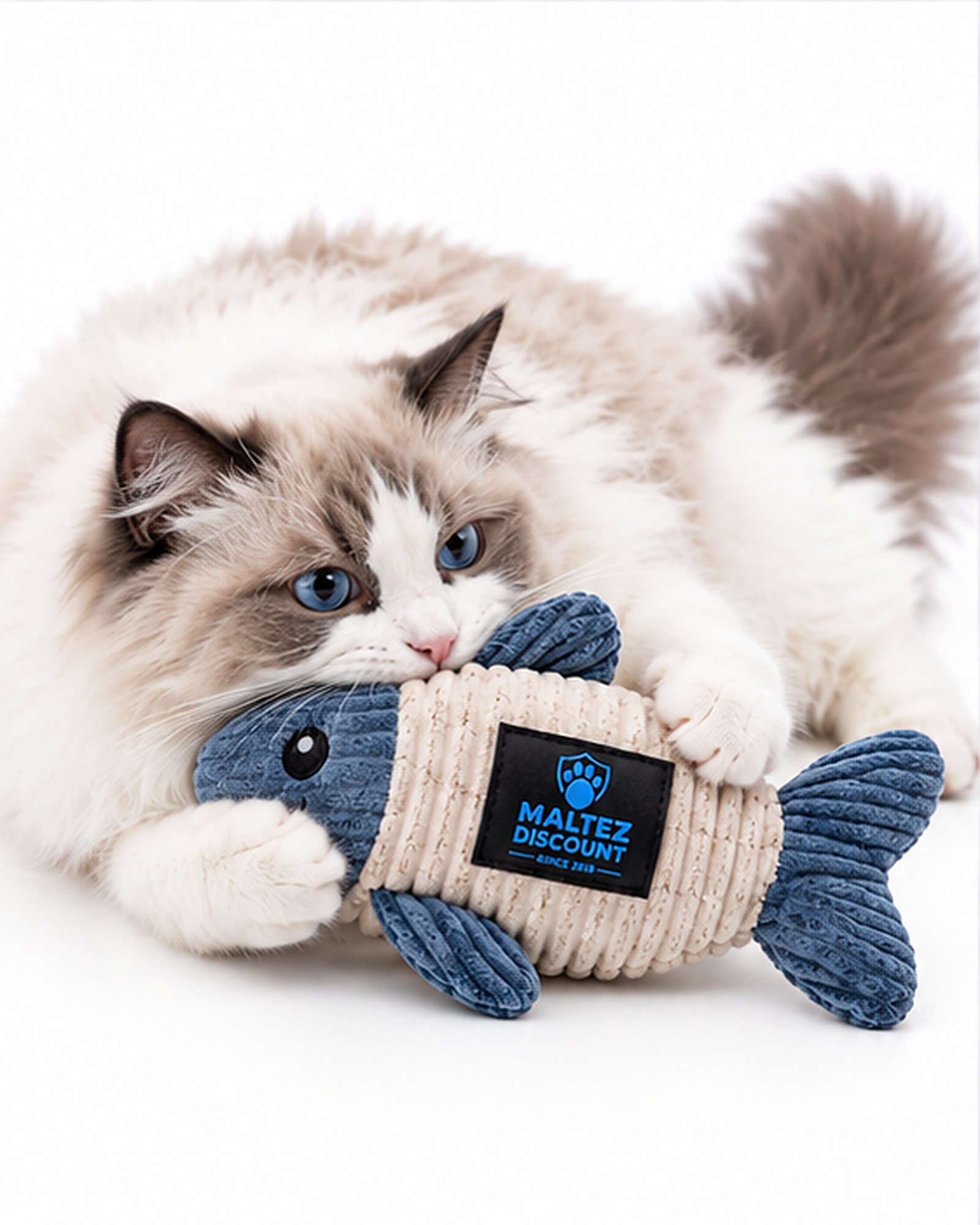 Maltez Discount Plush Fish Cat Toy with Refillable Compartment - Blue and Beige - Image 7
