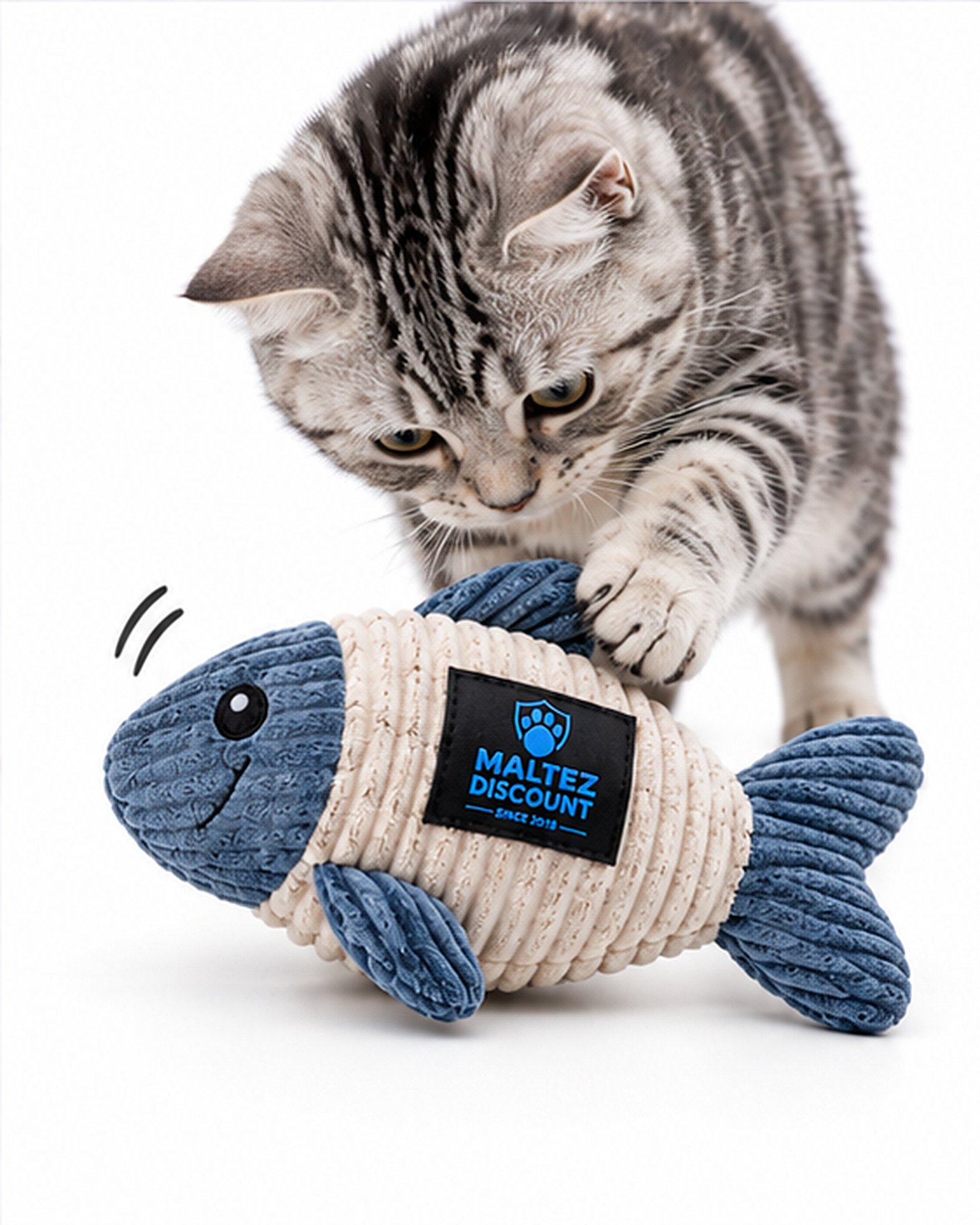Maltez Discount Plush Fish Cat Toy with Refillable Compartment - Blue and Beige - Image 8