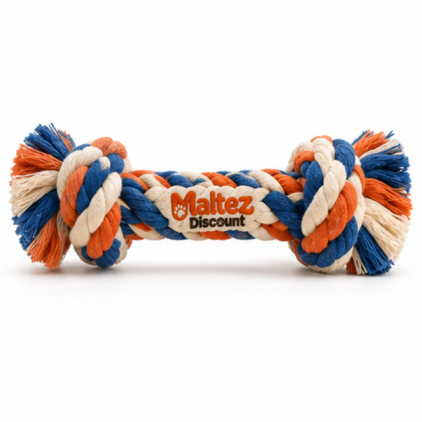 Maltez Discount double-knot rope tug dog toy in cobalt blue, burnt orange and cream