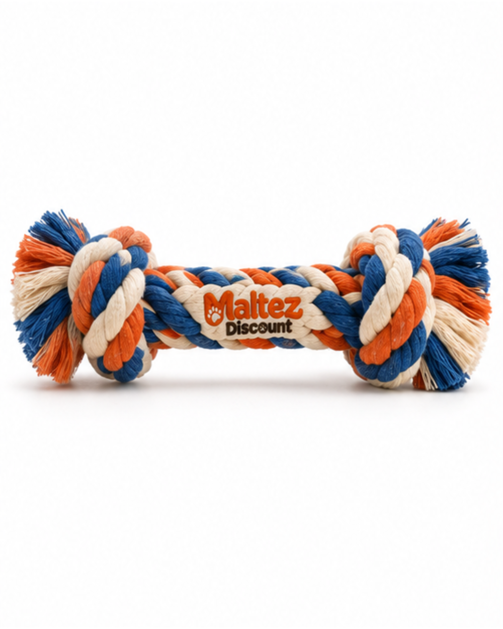 Maltez Discount double-knot rope tug dog toy in cobalt blue, burnt orange and cream