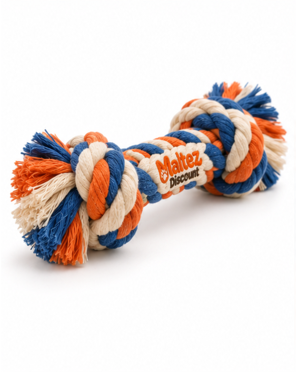 Double-knot rope tug toy at an angle with the embroidered logo section