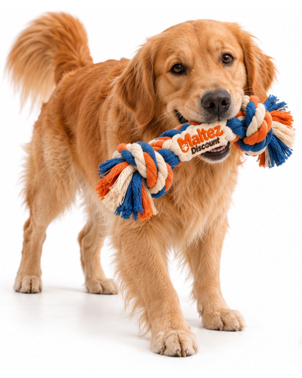 Golden retriever carrying the double-knot rope toy in its mouth