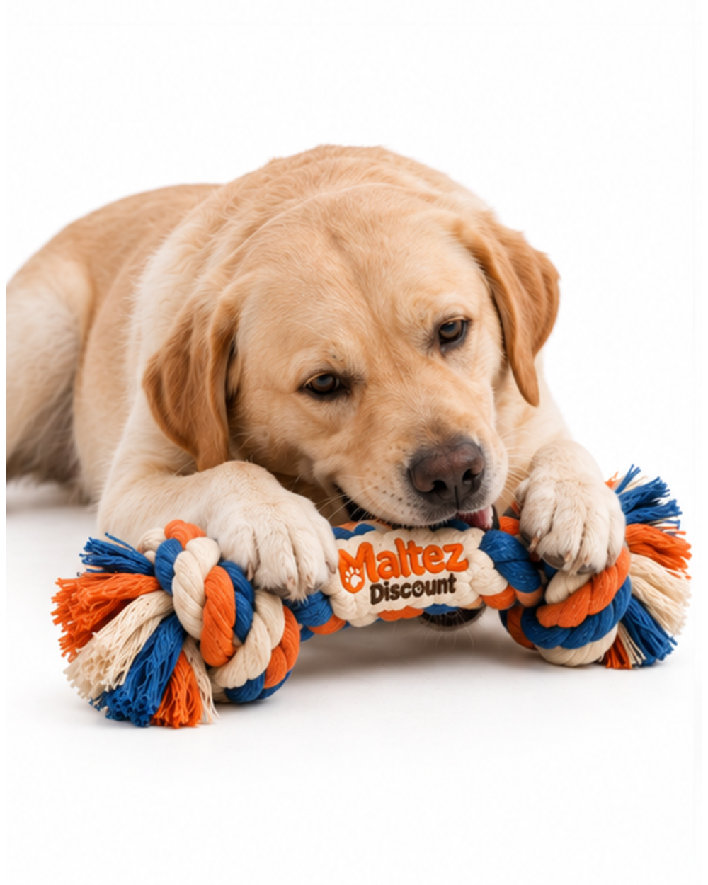 Labrador lying down and chewing the rope tug toy