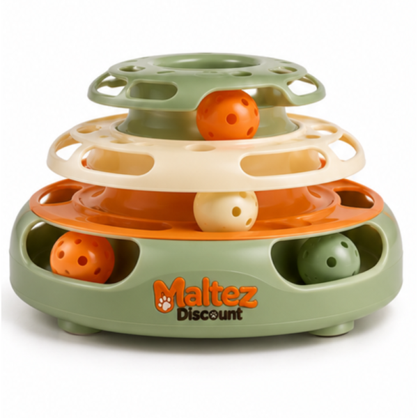 Maltez Discount three-tier ball track cat toy in sage green, ivory and orange