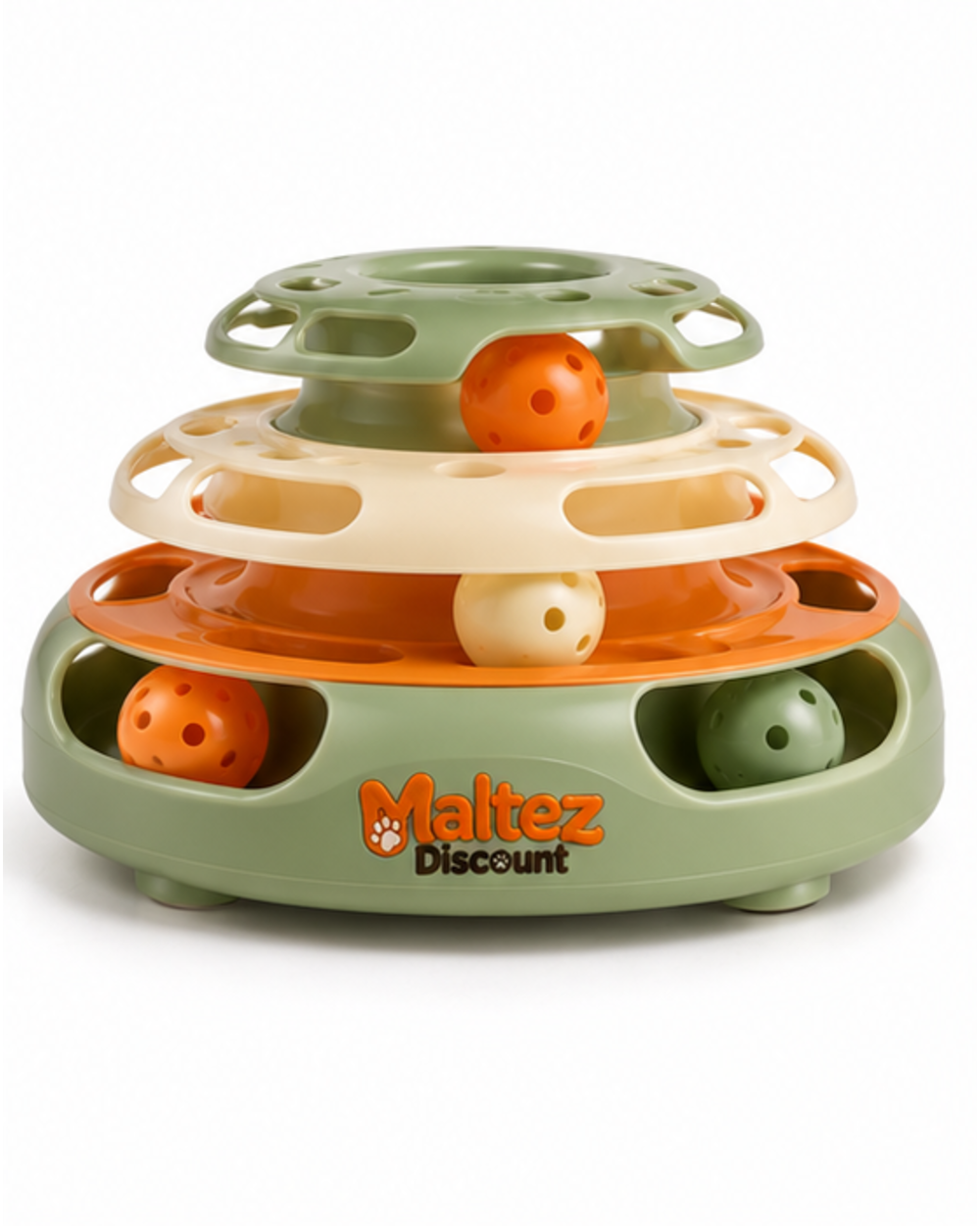 Maltez Discount three-tier ball track cat toy in sage green, ivory and orange