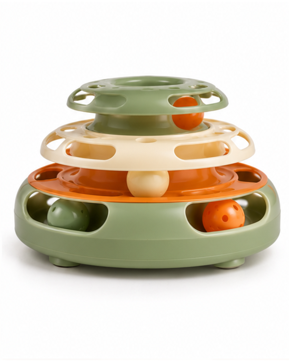 Three-tier ball track cat toy from the back showing balls in each level