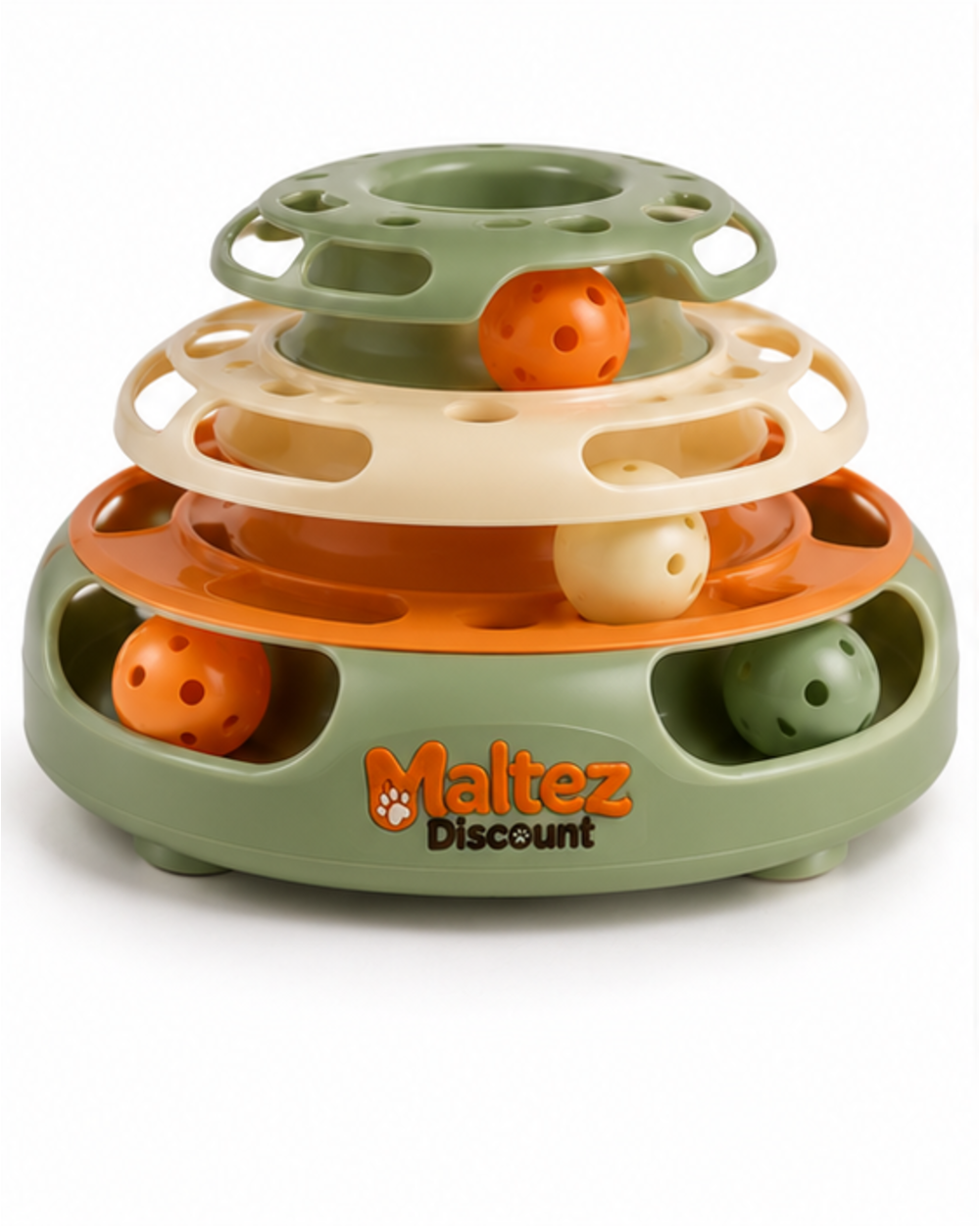 Ball track cat toy at an angle showing the stacked tracks and windows