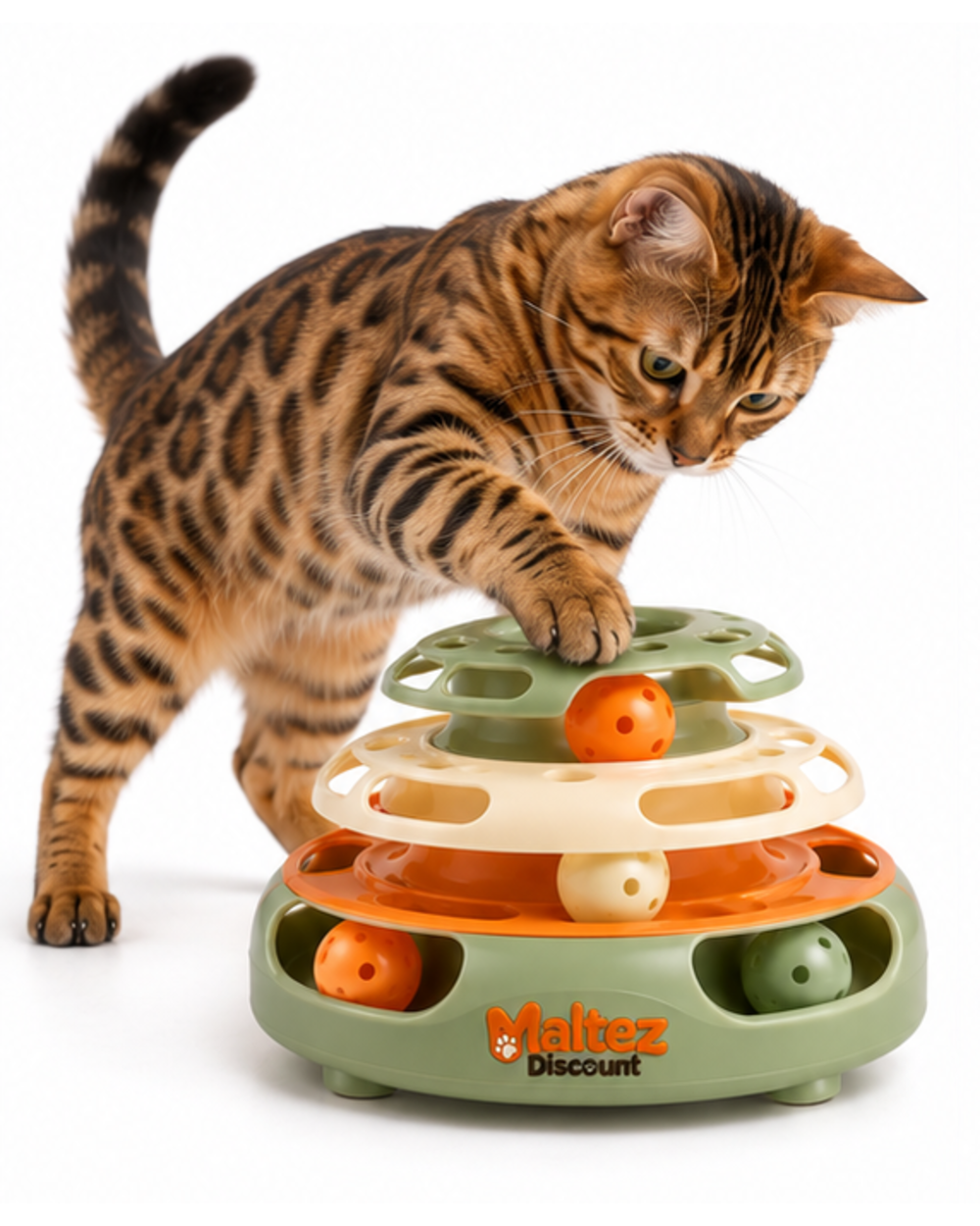 Spotted cat batting a ball on the top tier of the ball track