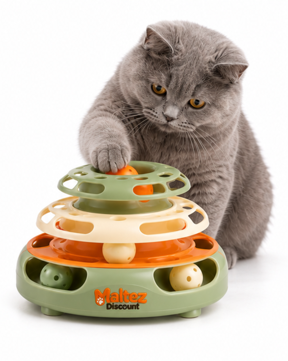 Gray cat reaching into the top of the ball track toy