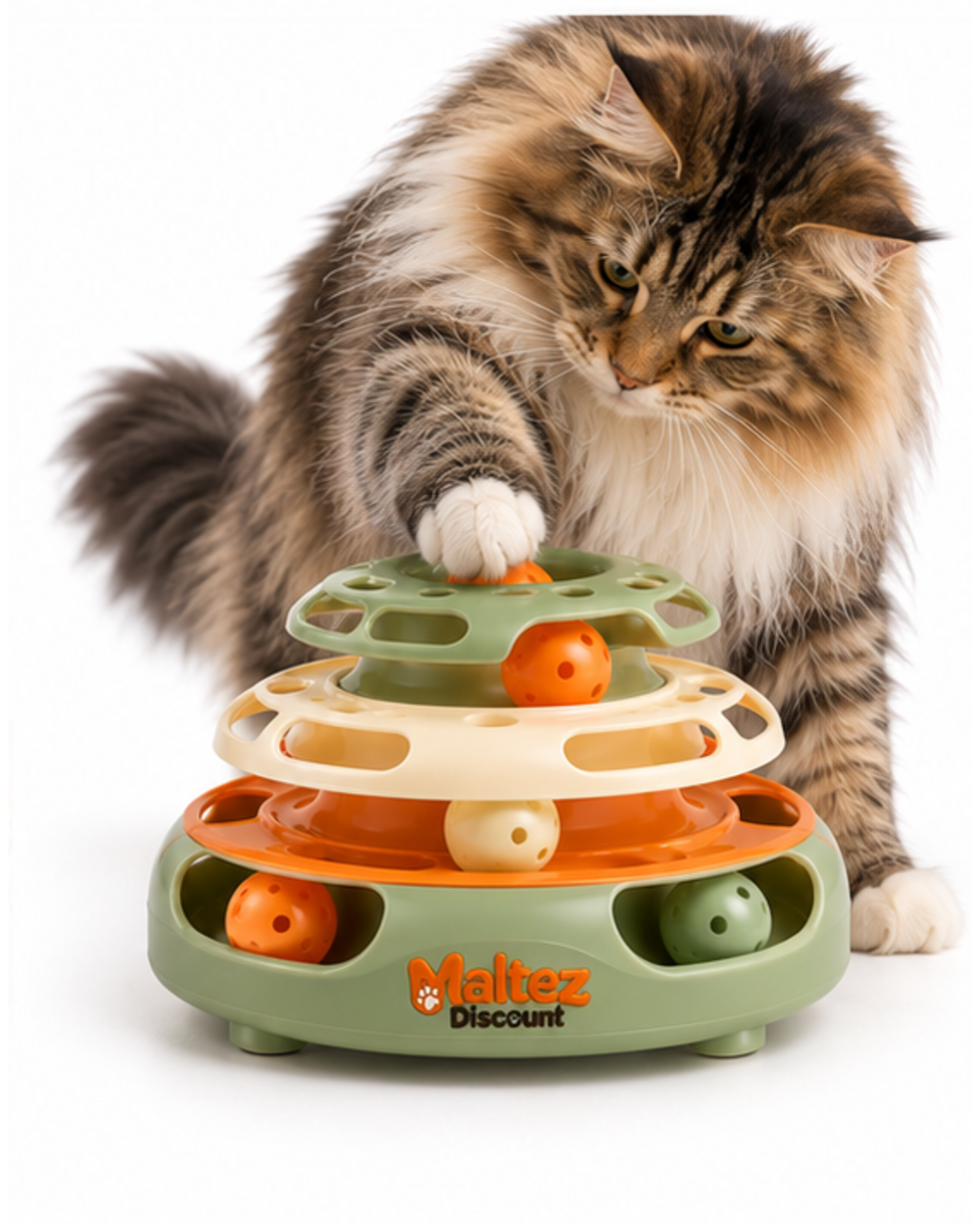Long-haired tabby cat pawing the top ball of the track toy