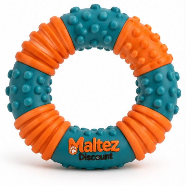 Maltez Discount textured rubber chew ring dog toy in turquoise and orange