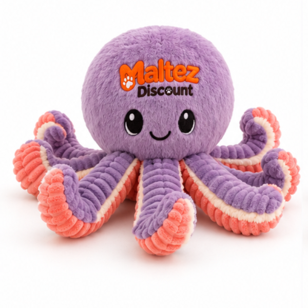 Maltez Discount plush squeaky octopus dog toy in lavender with coral and cream arms