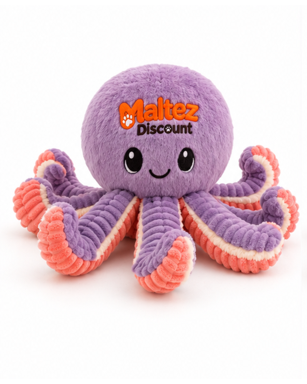 Maltez Discount plush squeaky octopus dog toy in lavender with coral and cream arms