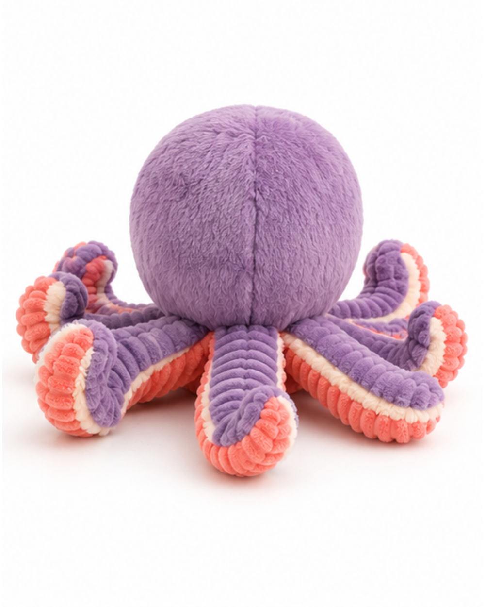 Plush octopus dog toy from the back showing the round head and ribbed arms