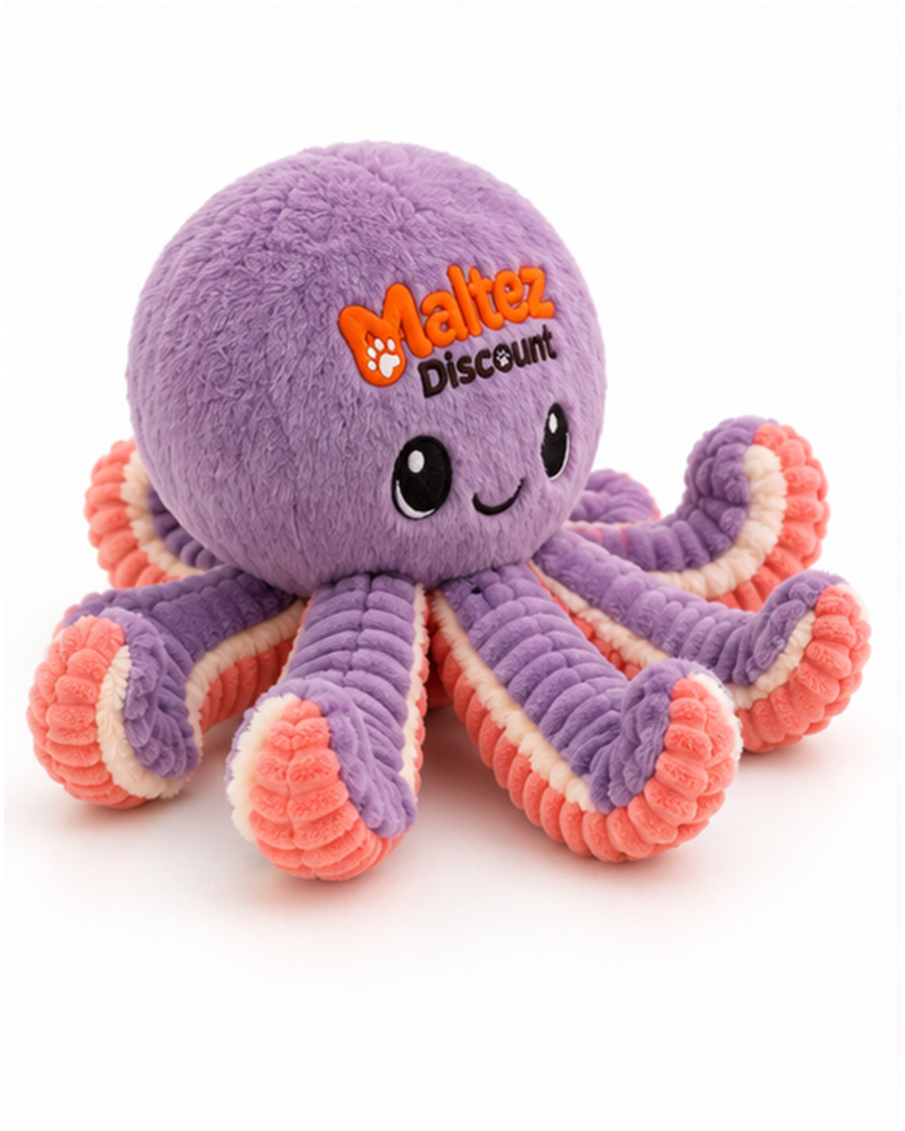 Plush octopus dog toy at an angle with the embroidered logo and face