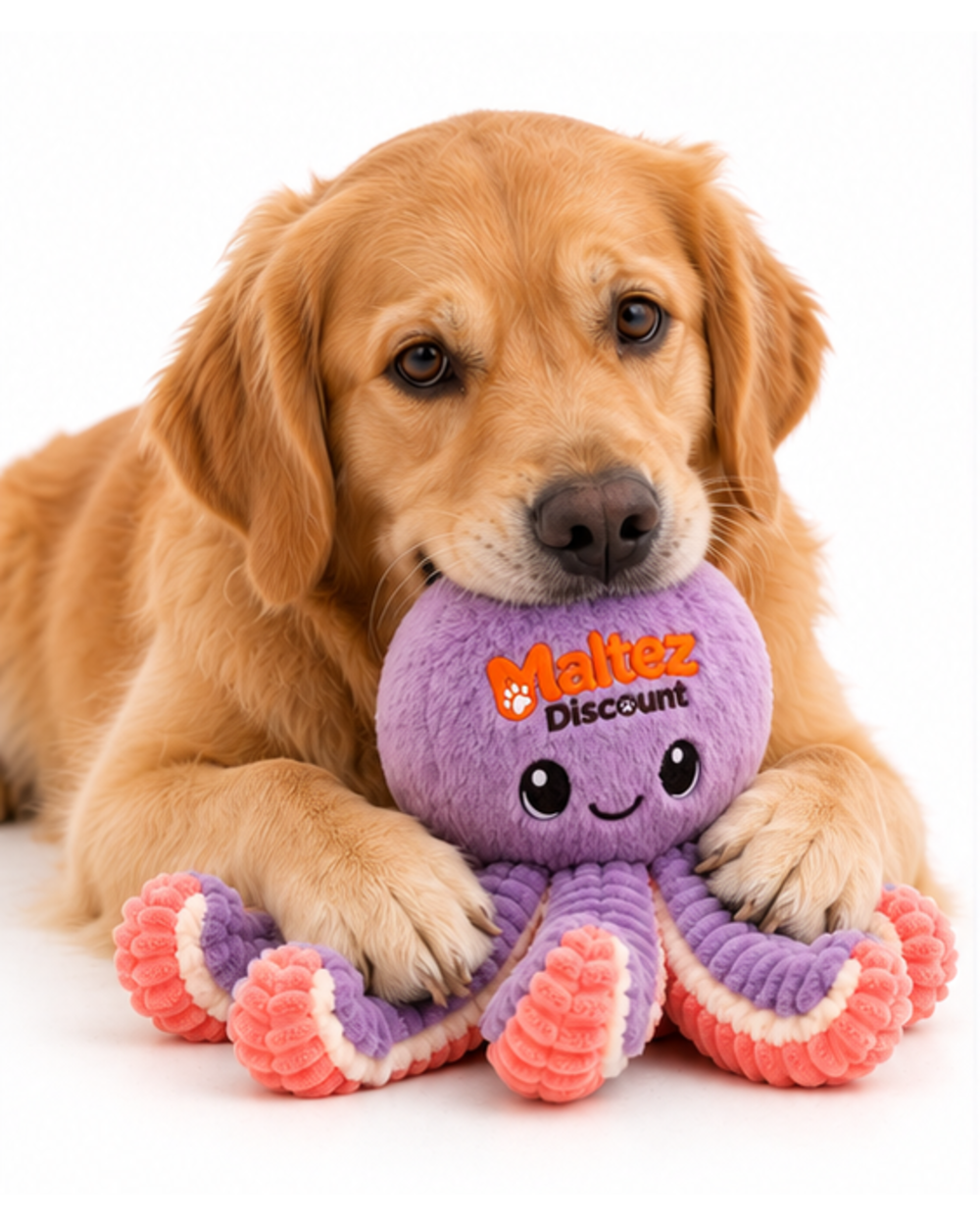Golden retriever resting its chin on the plush octopus