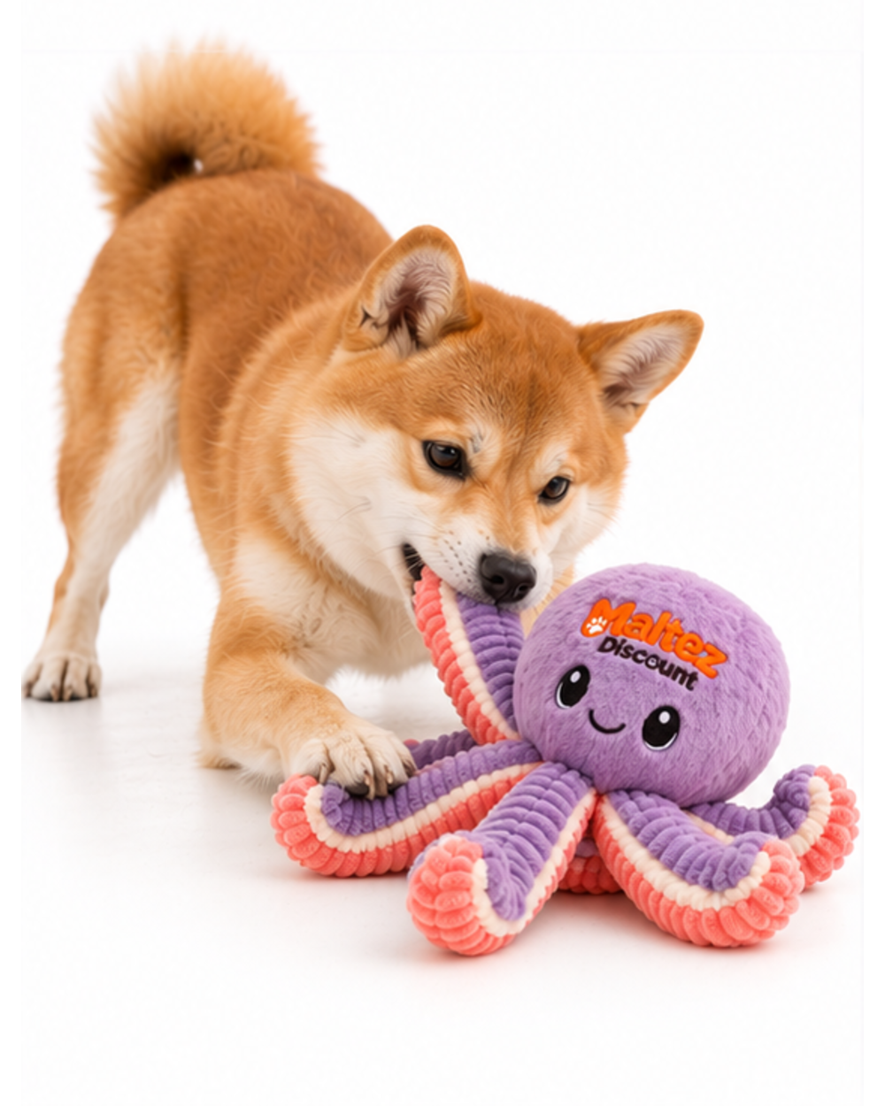 Shiba Inu pulling an arm of the plush octopus