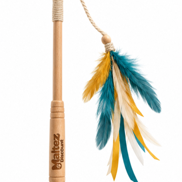 Maltez Discount feather teaser wand cat toy with beechwood handle and teal yellow cream feathers