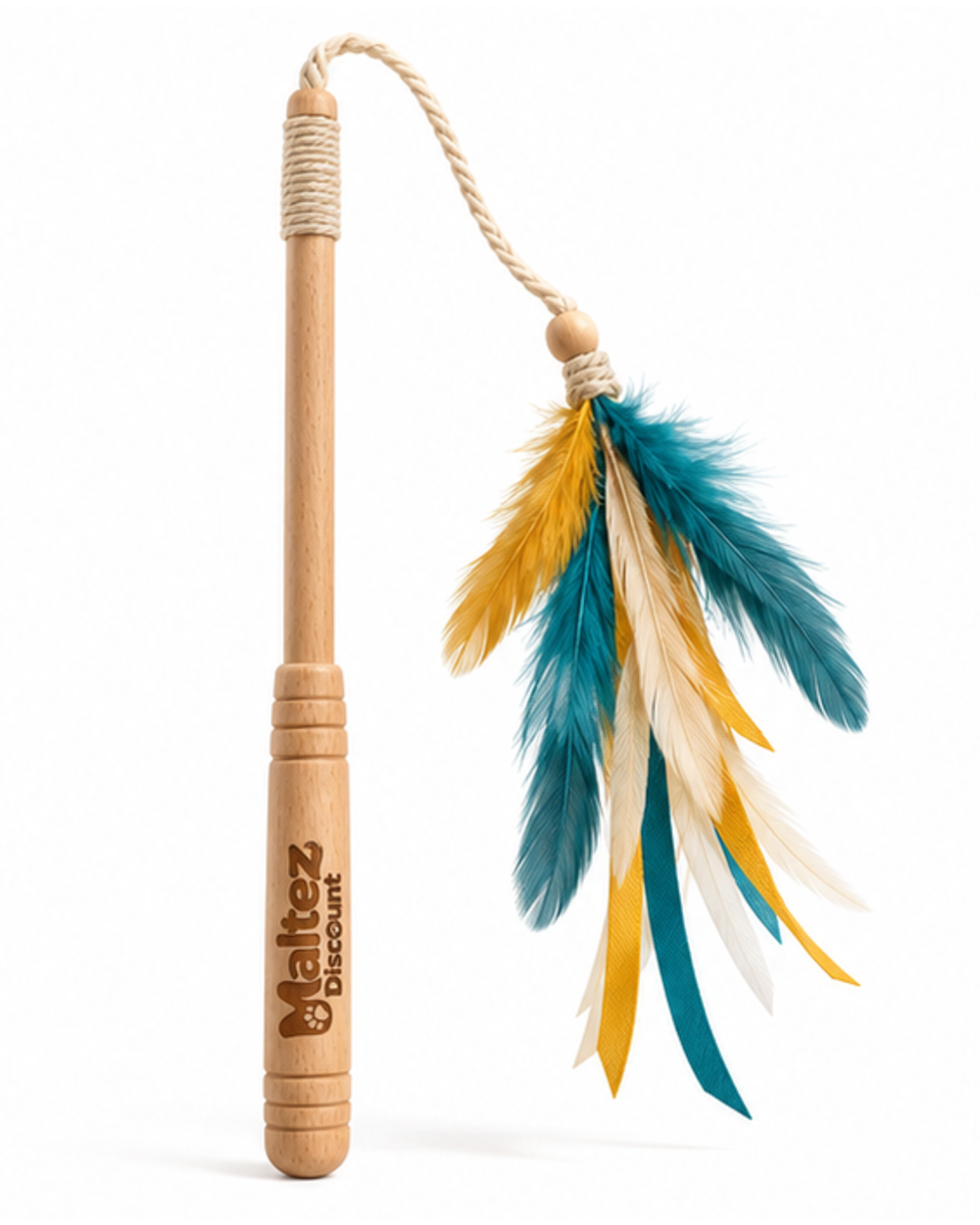 Maltez Discount feather teaser wand cat toy with beechwood handle and teal yellow cream feathers