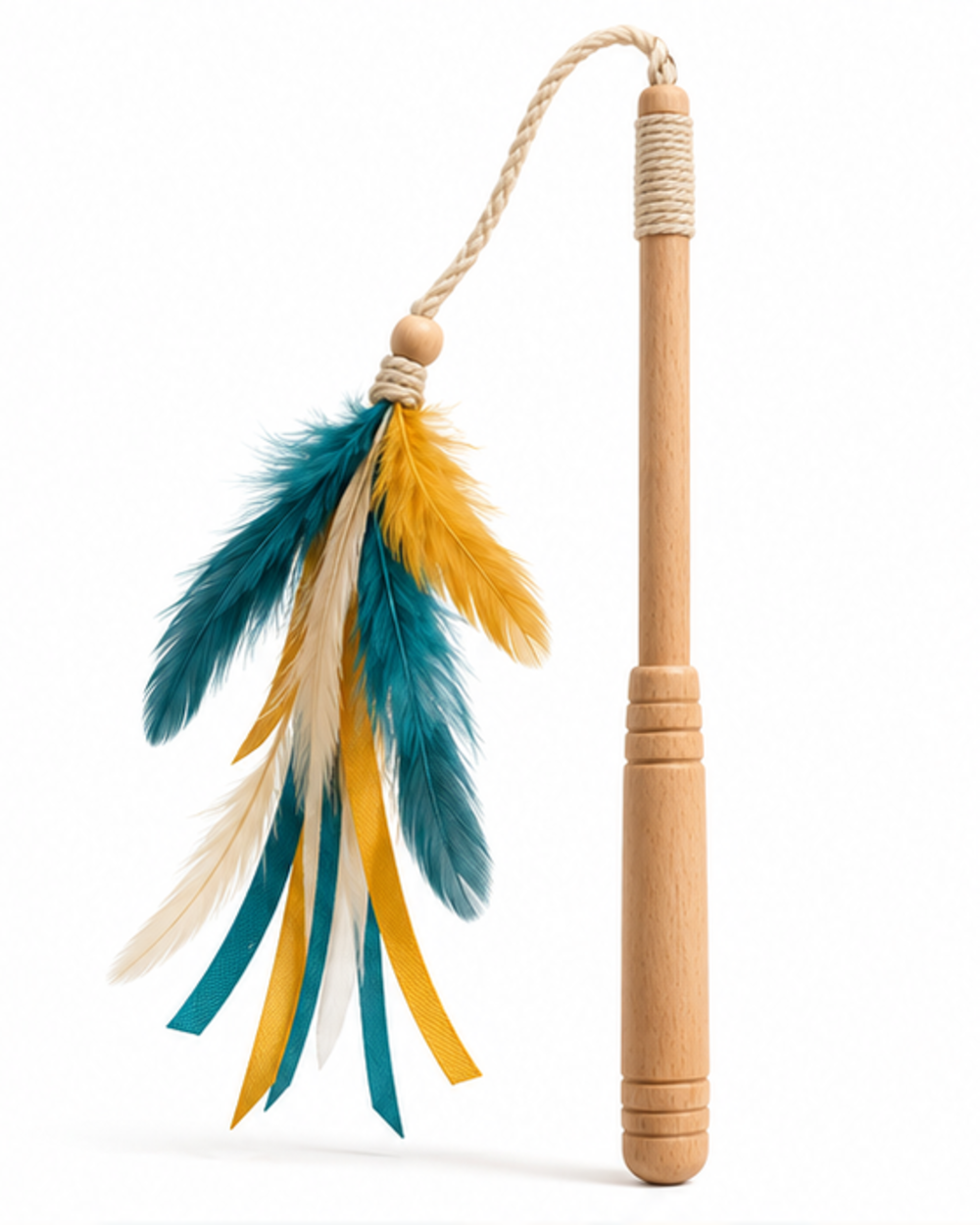Feather teaser wand cat toy, reverse side view of the cord and feather bundle