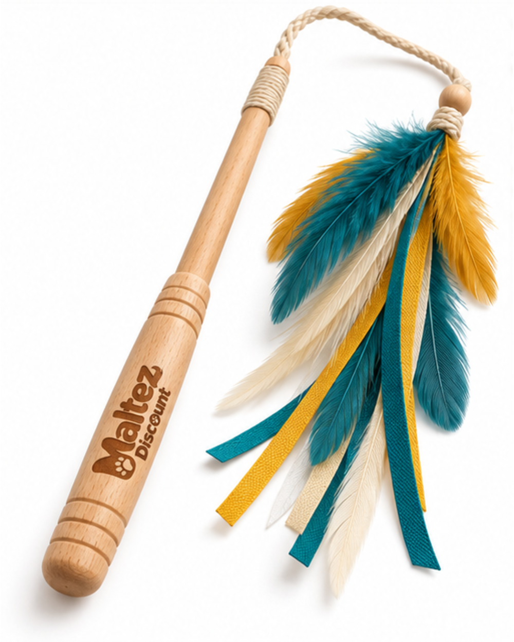 Feather teaser wand cat toy at an angle showing the engraved handle and ribbon strips