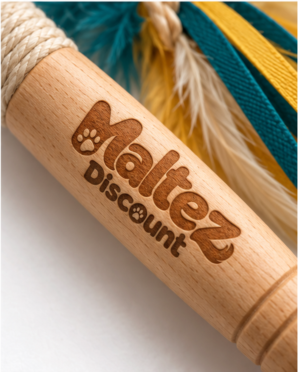 Close-up of the Maltez Discount logo laser-engraved into the beechwood wand handle