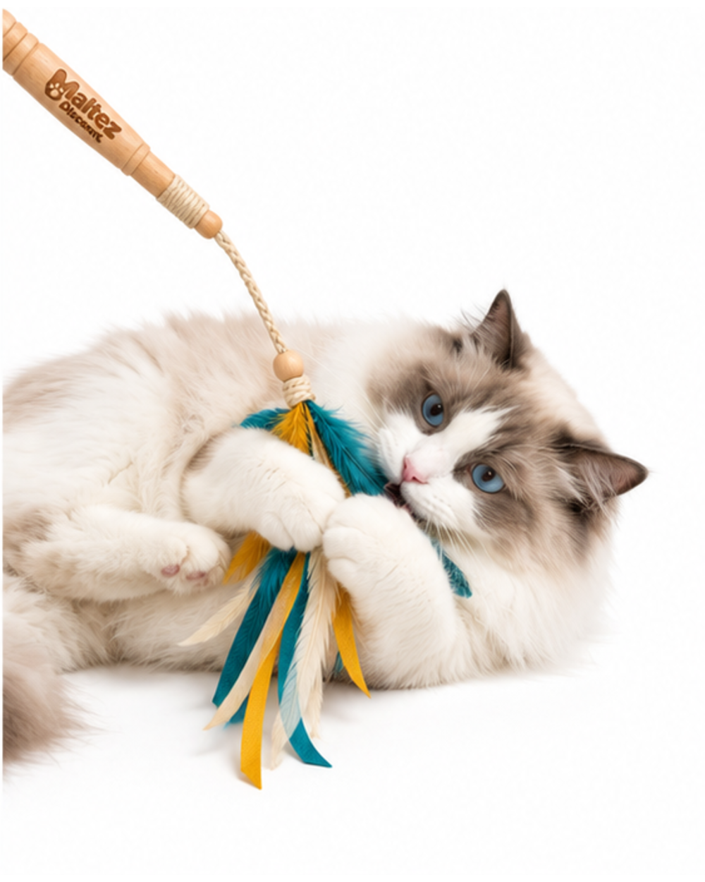 Ragdoll cat lying on its side hugging the feather bundle of the wand toy