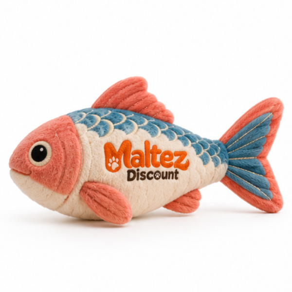Maltez Discount plush catnip fish kicker cat toy in coral pink, ocean blue and ivory