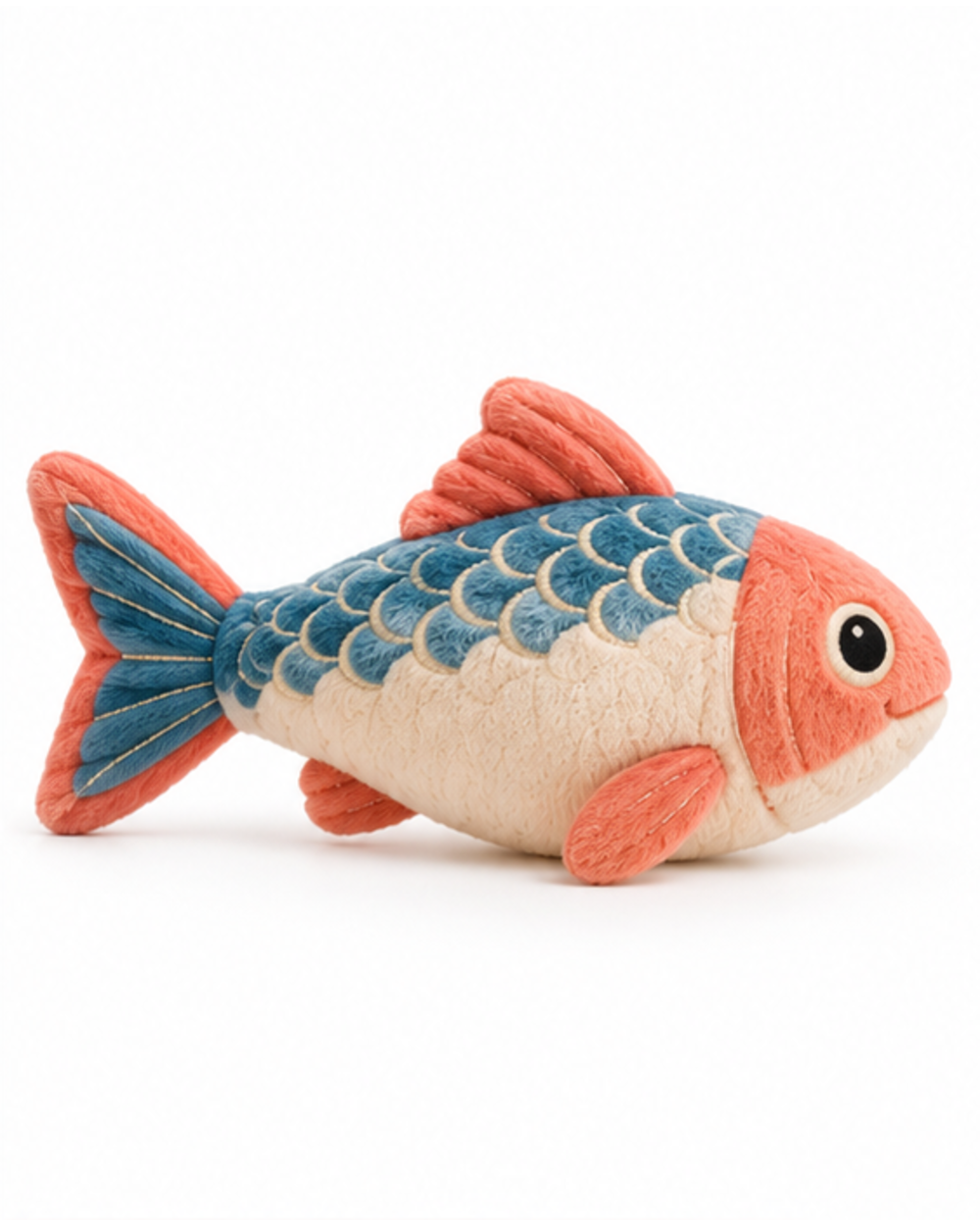 Plush fish kicker toy, reverse side showing the blue scales and coral fins