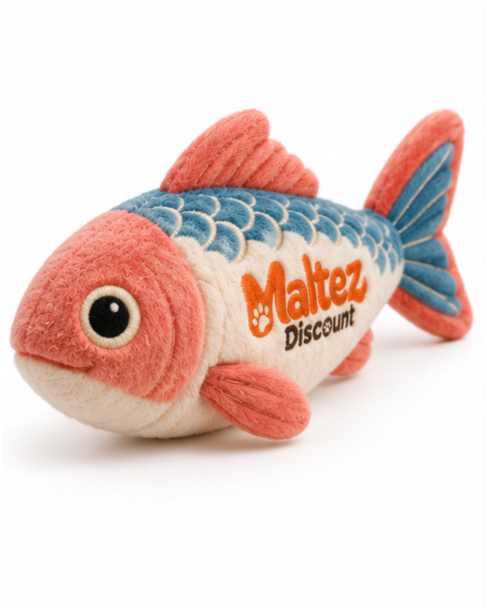 Plush fish kicker toy at an angle showing the head and embroidered logo