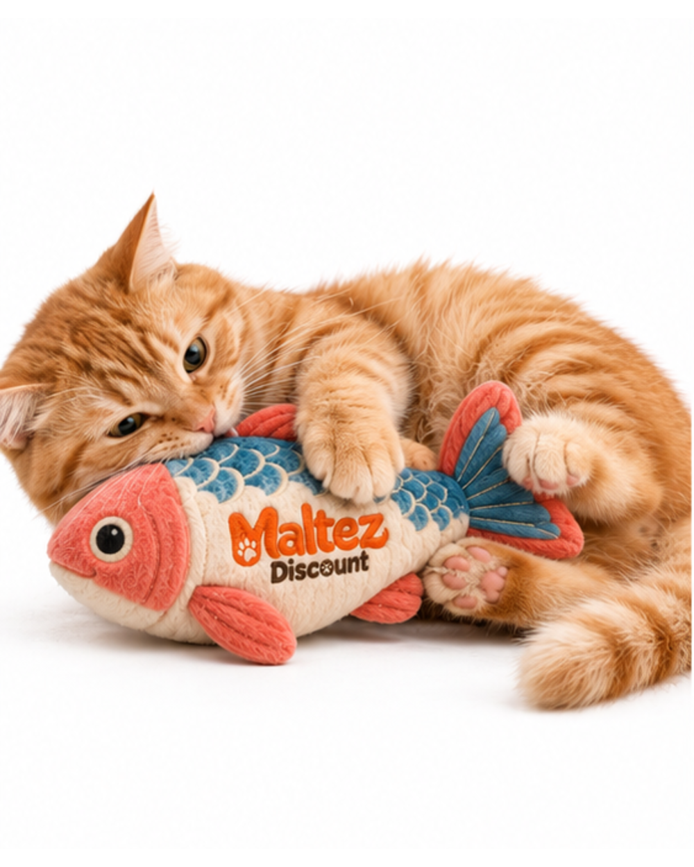 Orange tabby cat hugging and biting the plush catnip fish