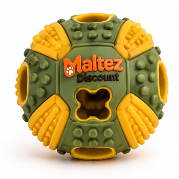 Maltez Discount treat-dispensing rubber puzzle ball dog toy in olive green and yellow