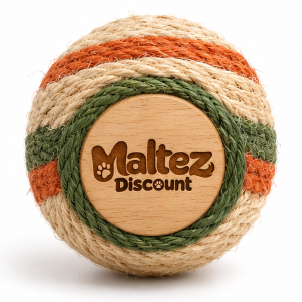 Maltez Discount sisal rattle ball cat toy with wooden end cap and orange and green stripes
